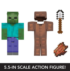 2024 Mattel Minecraft- DIAMOND LEVEL ZOMBIE (w/ Leather Armor & Iron Shovel)
