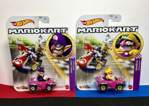 Hot Wheels Mario Kart - WARIO (Badwagon) & WALUIGI (Badwagon) Diecast Car Bundle