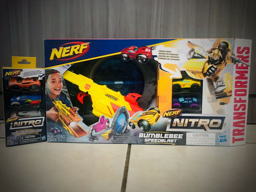 Nerf Nitro Transformers Bumblebee Speed Blast    Bonus!!!! 3 Additional Cars!!!!