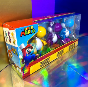 2022 JAKKS Pacific Super Mario Yoshi Figure 3-Pack — Yellow, Purple, Light-Blue