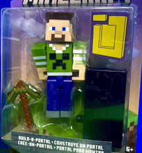 Load image into Gallery viewer, 2022 Minecraft Build-a-Portal Action Figure: STEVE (Creeper Shirt, Gold Pickaxe)