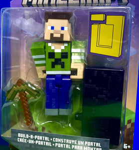 2022 Minecraft Build-a-Portal Action Figure: STEVE (Creeper Shirt, Gold Pickaxe)