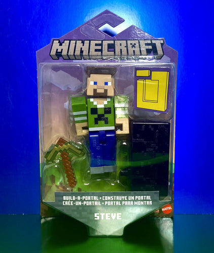2022 Minecraft Build-a-Portal Action Figure: STEVE (Creeper Shirt, Gold Pickaxe)