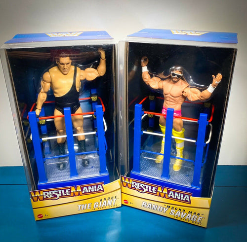 WWE WRESTLEMANIA CELEBRATION  MACHO MAN RANDY SAVAGE & ANDRE  THE GIANT FIGURES